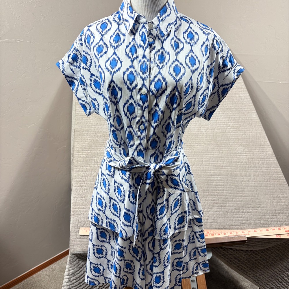 UNTUCKit Renata Blue White Ikat Diamond Tiered Shirt Dress Size 4 41542